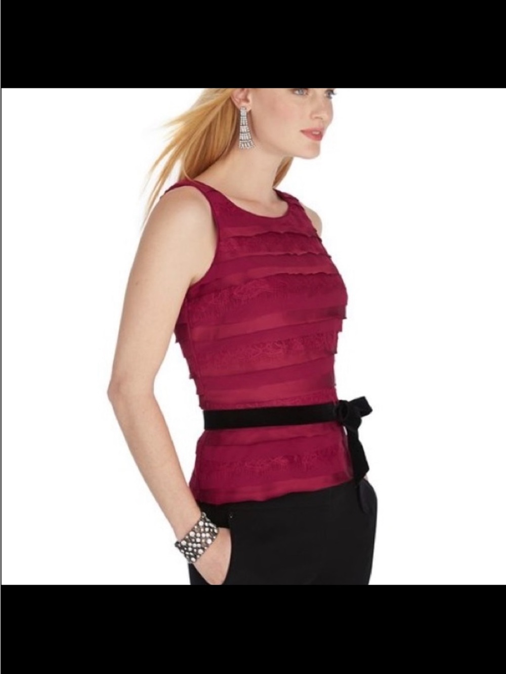 White House Black Market Burgundy Sleeveless Layered Peplum Top with Black Tie - Picture 2 of 7